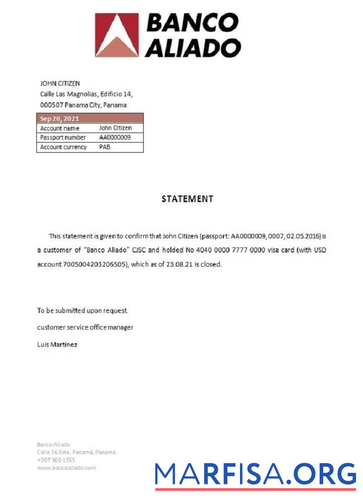 Printable Panama Banco Aliado closure reference real example